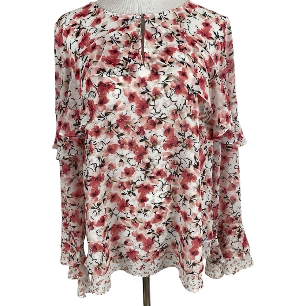 White House Black Market Womens Blouse Size 16 Calico Ruffle Floral Keyhole Neck